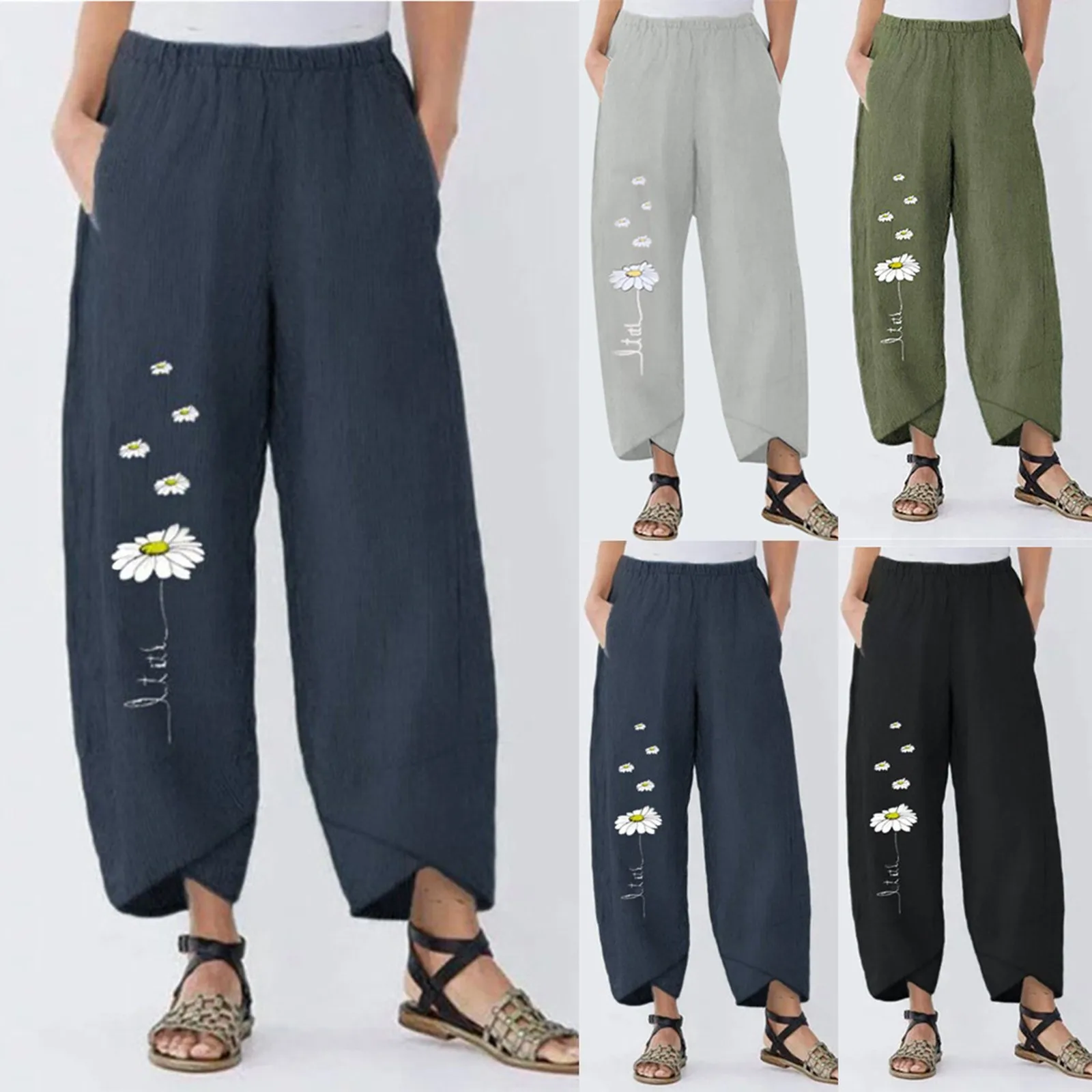 

Women Summer Pants Loose Daisy Print Trousers Cotton Linen Elastic Waist Oversized Loose Wide Leg Pants Irregular Cropped Pants