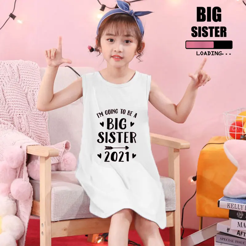 

Want to be a big sister Nightdress Little Teen Girl Pajamas Dresses Children Cartoon Summer Nightgown Home Clothes Kids Sleepwea