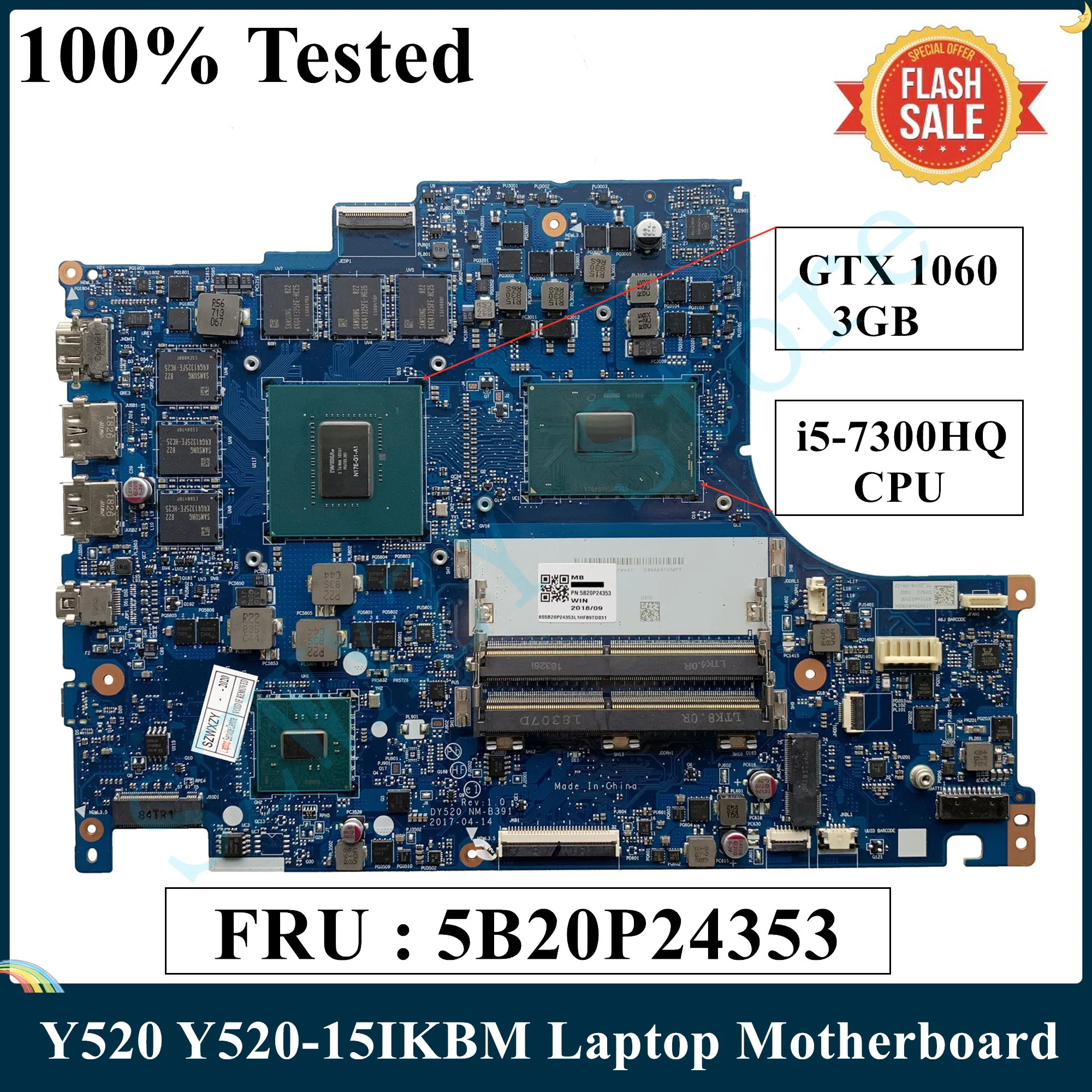 SZWXZY для Lenovo Легион Y520 Y520-15IKBM Материнская плата ноутбука 5B20P24353 с i5-7300HQ процессор GTX