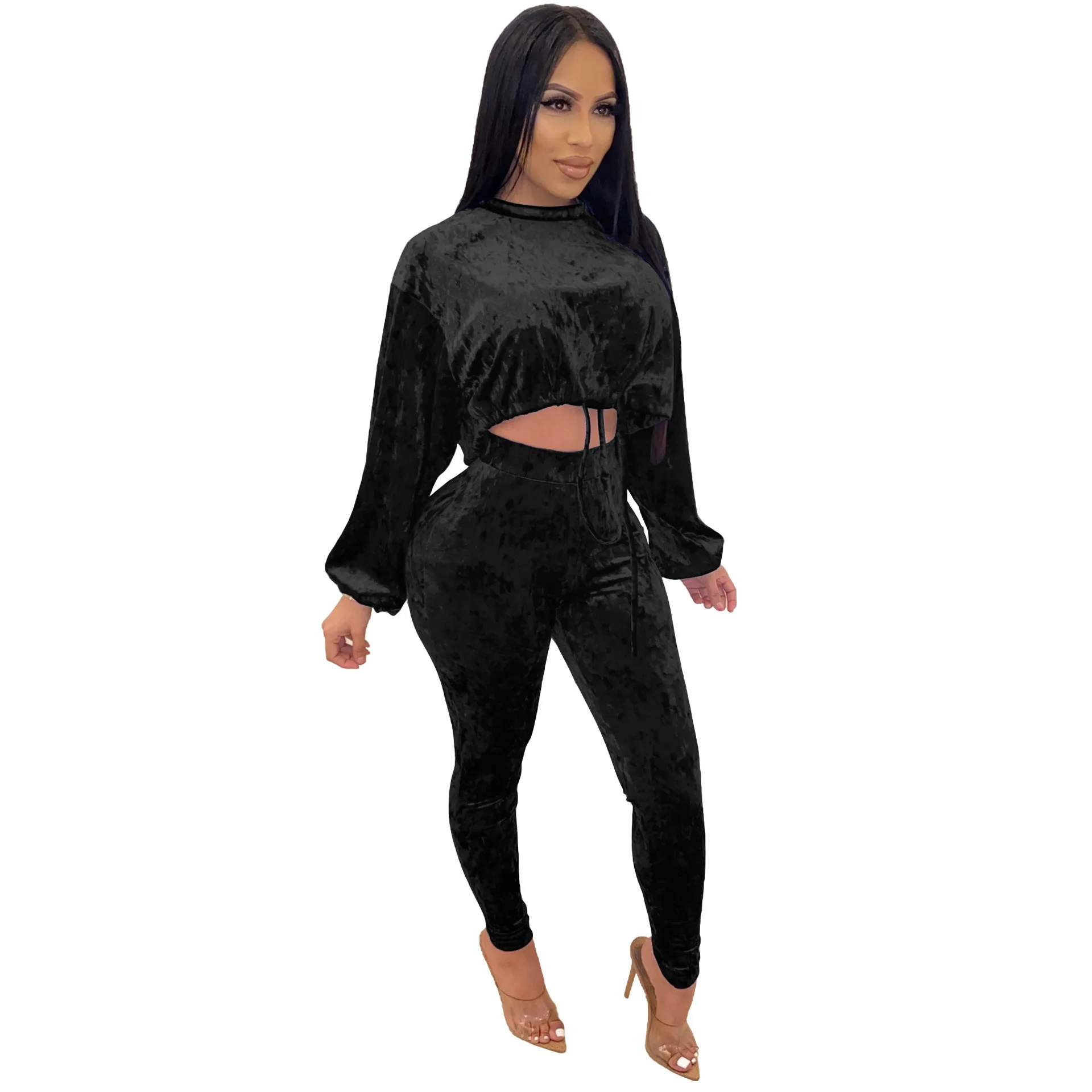 

Winter Women O Neck Full Sleeve Crop Top Pants Solid Color Suit Two Piece Set Casual Fashion Velvet Fitness Outfits