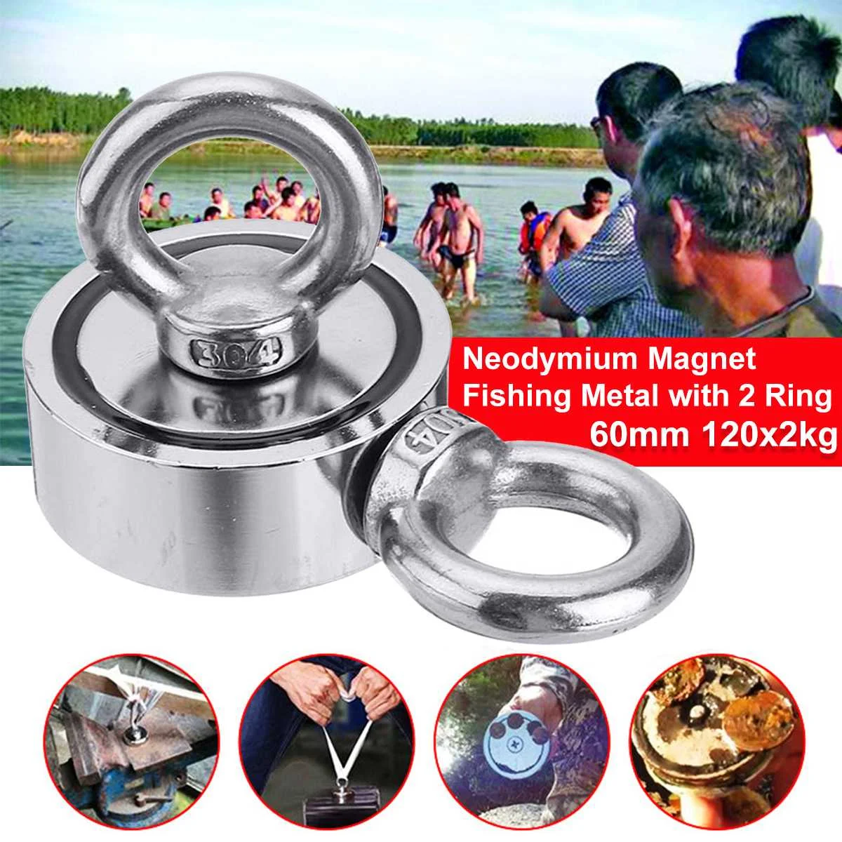 60mm Новинка 120 кг-300 кг круглый двухсторонний мощный неодимовый магнит для рыбалки редкоземельный магнитный детектор комплект мощный магнитный - Цвет: 60mm
