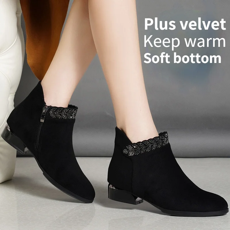 

New thick-heeled leather women's boots, frosted short boots, flat-bottomed single boots, soft-bottomed mid-heeled Martin boots