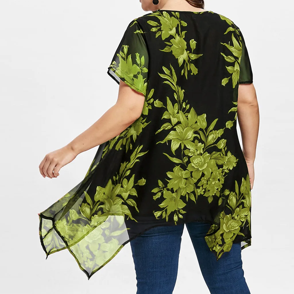 Double Chiffon Print Blouse Women Short Sleeve Loose Shirt Tops Plus Size Bluzka Damska Blouses Camisa Feminina | Женская одежда