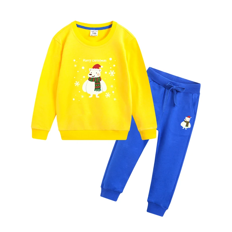 

2021 children's Christmas season cartoon print suit boys casual wear girl pullover + solid color pants wholesale