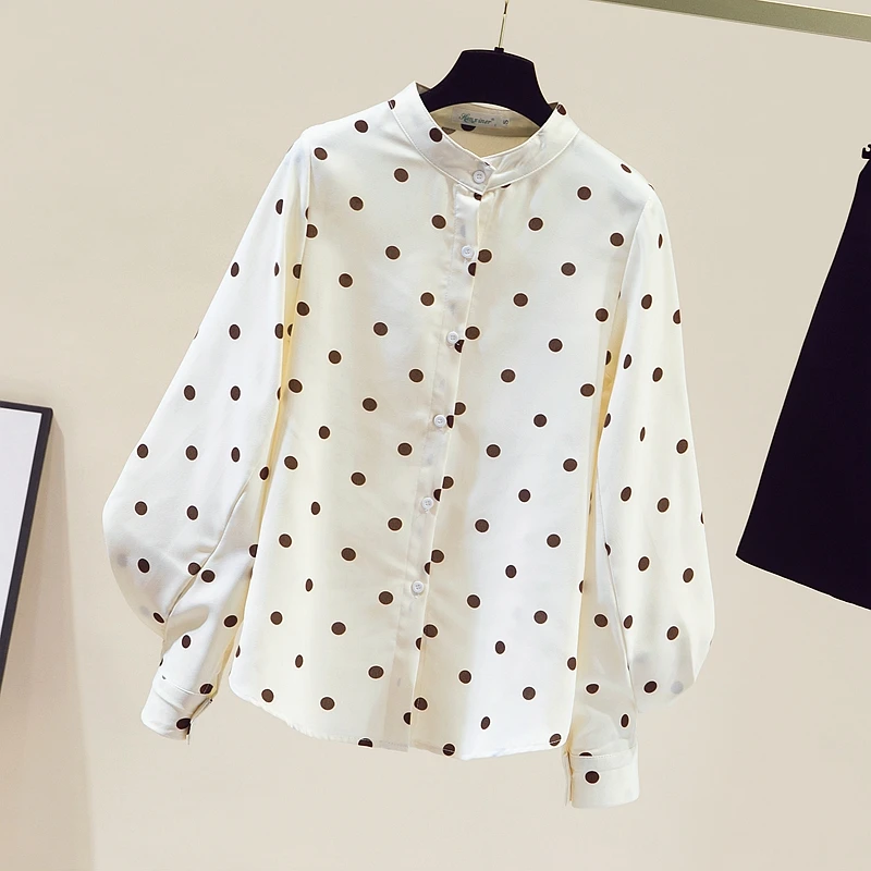 

Женская шифоновая рубашка в горошек, с воротником-стойкой и рукавами-фонариками