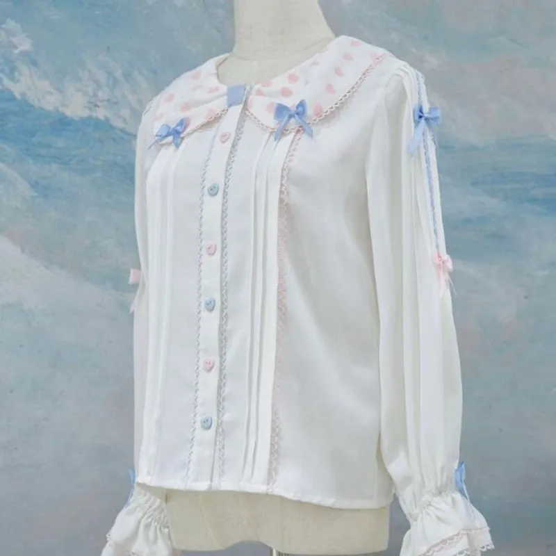 Fresh Sweet Lolita Top Kawaii Girl Peter Pan Collar Lace Bowknot Victorian Shirt Loose Gothic Lolita Shirt Loli Cos Lolita