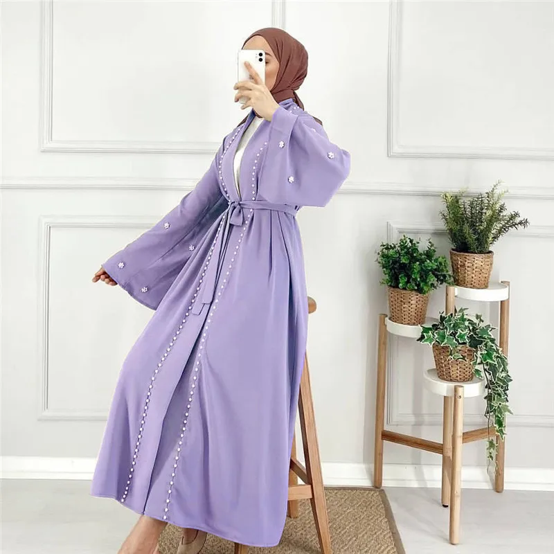 

Ramadan Dubai Abaya Kimono Turkey Beaded Pearl Muslim Hijab Dress Eid Abayas for Women kaftan Islamic Clothing De Moda Musulmana
