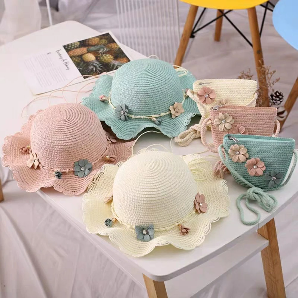 

2021 Summer New Children Straw Hat Korean Kids Sun Hats Sweet Floral Girl Spring Cap Beach Visor Hat Straw Bag Two-piece Sets