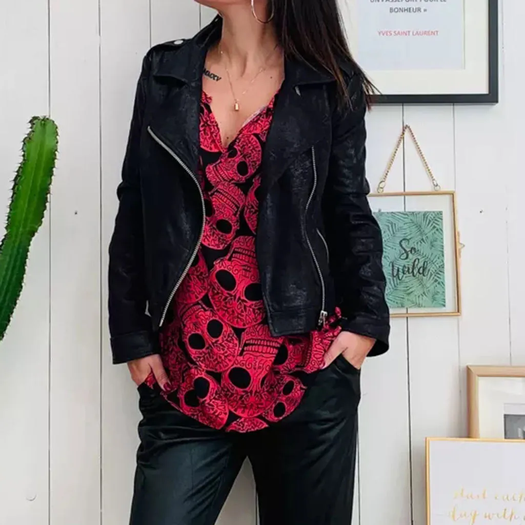 Женская рубашка с длинным рукавом v-образным вырезом и принтом черепа блузки