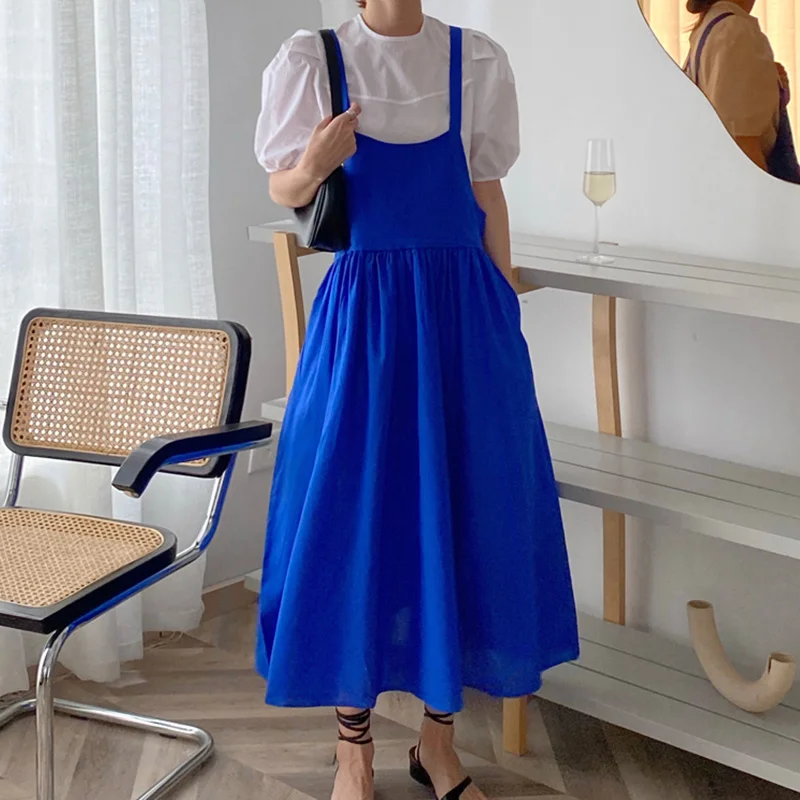 Summer Reduction Soft Blue Round Neck Loose Puff Sleeve Shirt Back Big Swing Strap Dress | Женская одежда