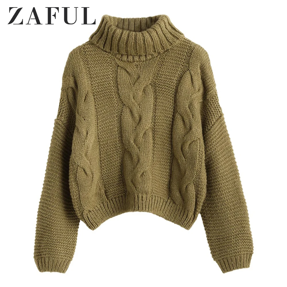 Женский вязаный свитер ZAFUL теплый однотонный пуловер с высоким воротником и