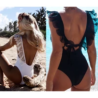 sexy ruffle with lace swimwear 2020 one piece swimsuit women backless monokini beach wear black white solid bathing suits female