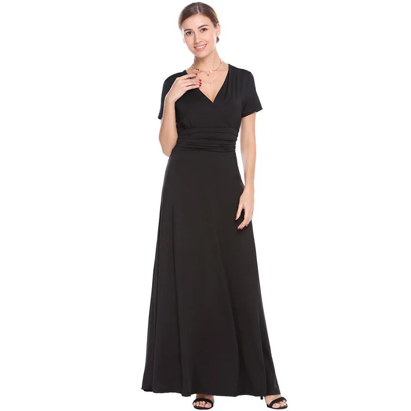 

2020 Summer V-neck Big Swing Long Dress Party Dress High Waist Solid Color Temperament Long Dress