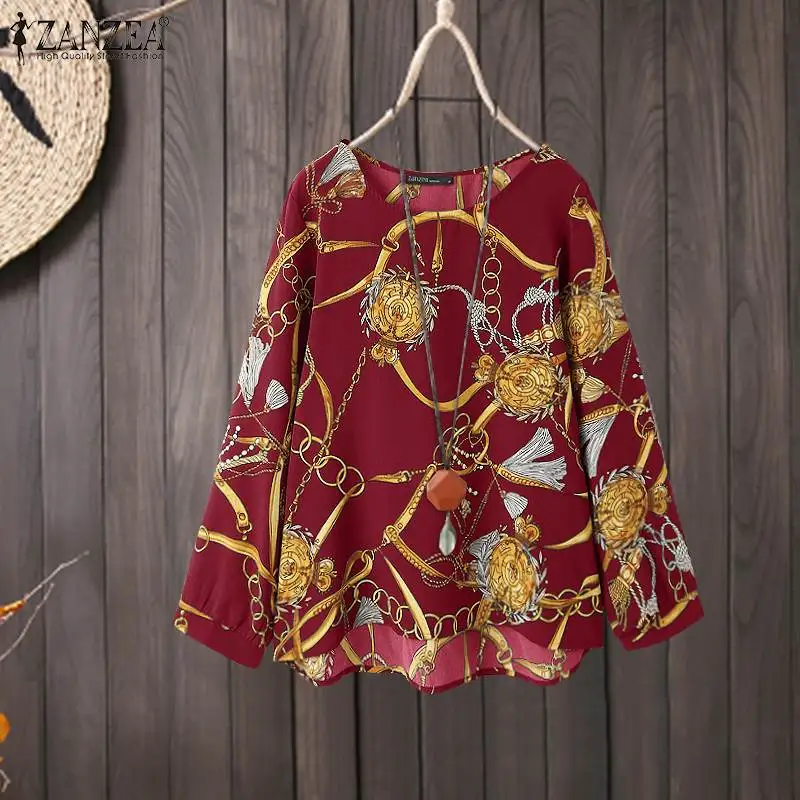 

Топы с высоким и низким принтом ZANZEA 2022, женские осенние блузки, кафтан, повседневные блузы с длинным рукавом, Женская туника с круглым вырезо...