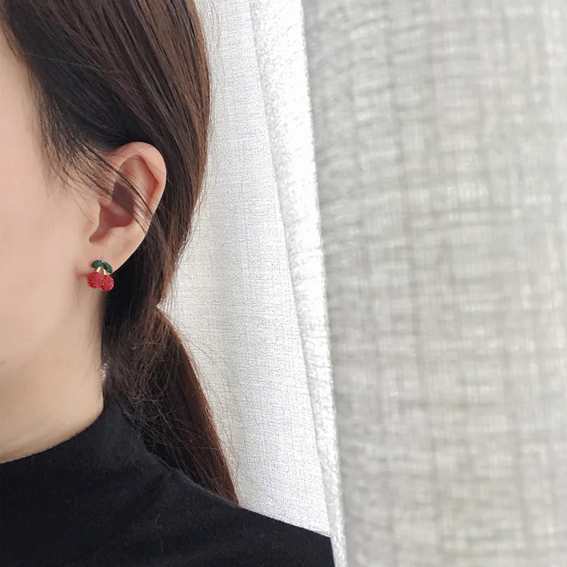 

RHYSONG Stainless Steel Necklace Ear studs Jewelry Sets Red Stone Summer Cherry Cute Pendant Gold Chain Zestawy Biute For Women