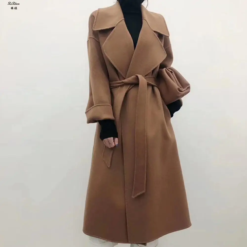 

Весенний длинный шерстяной Тренч ZiZhen с поясом, кашемировое пальто с отложным воротником, превосходное качество, однотонный винтажный Женск...