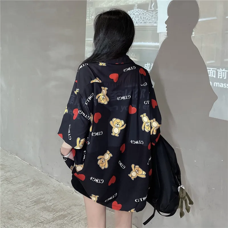

Harajuku Black Shirt Women's Elegant Blouse Y2k Vintage Plus Size Button Up Short Sleeves Aesthetic Korean Fashion Top