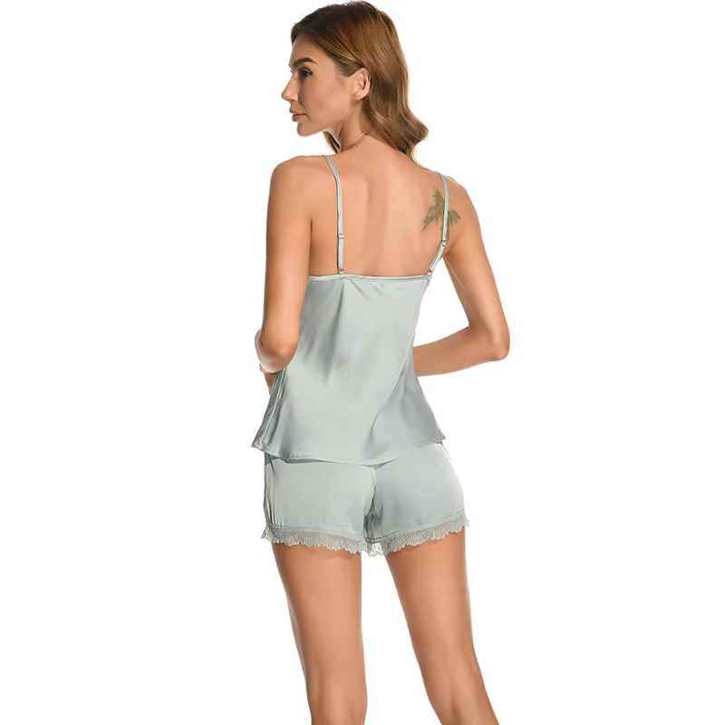 New Imitation Silk Deep V Sexy Female Suspender Nightdress Shorts Suit Ladies Ice Silk Spring And Autumn Home Casual Pajamas