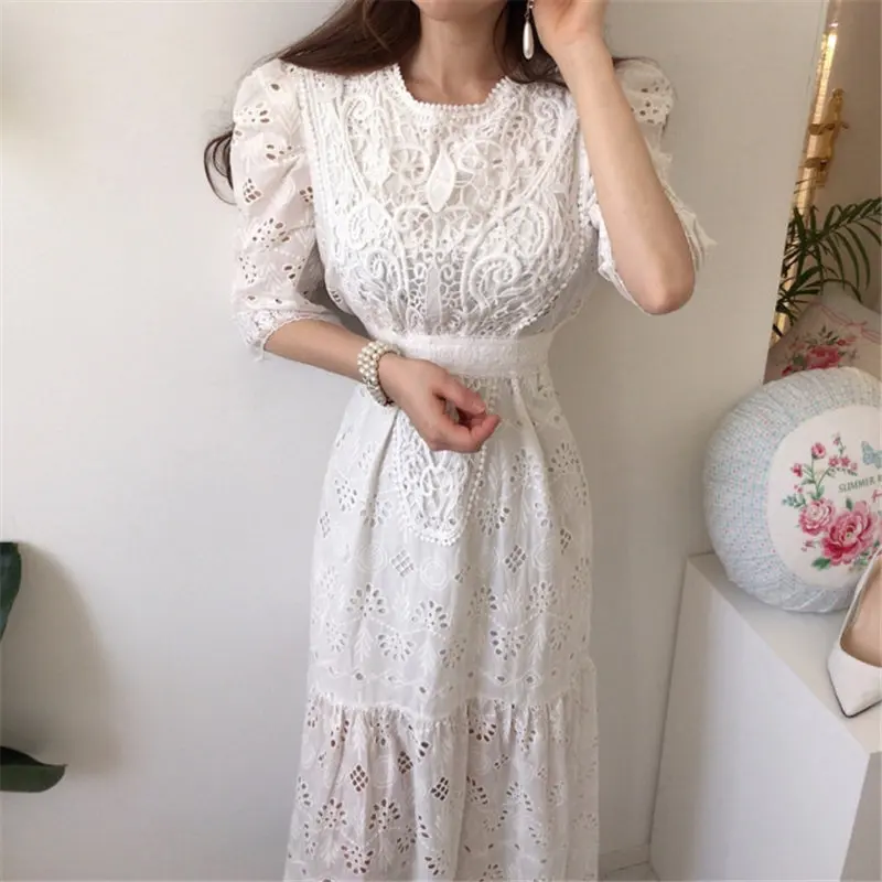 

Hot Women Gentle New Long Dresses Korean Lace Hook Flowers Sweet Chic 2021 High Waist Elegance Hollow Out Plus Size Autumn Solid