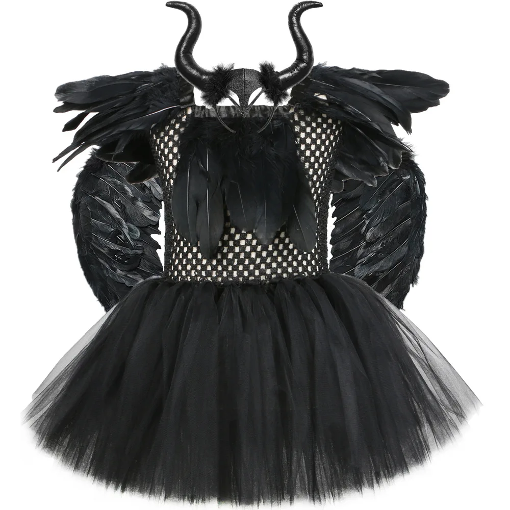 Girls Black Devil Unicorn Tutu Dress V-Neck Train Fallen Dark Angel Fancy Party Dress Carnival Halloween Costume for Kids 1-14Y