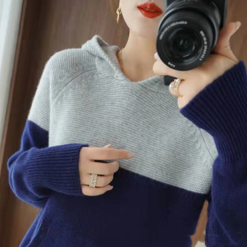 

Осенне-зимний новый пуловер с капюшоном, шерстяной вязаный свитер, модный простой Свободный вязаный свитер с капюшоном, подходящий к цвету