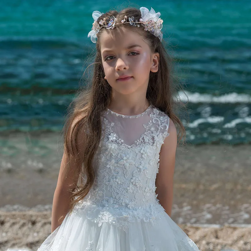 

Elegant Flower Girl Dresses for Wedding Tulle O-Neck First Communion Dresses Sleeveless A-line Lace Kids Wedding Party Dresses