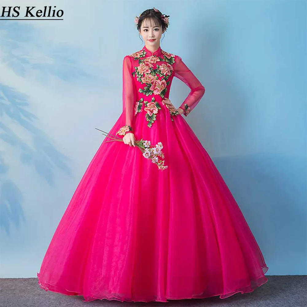 Ярко розовые Бальные платья с длинным рукавом шикарные кружевные аппликации