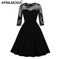 ladies mesh black gothic dress women sexy half sleeve round neck patchwork perspective party swing vintage vestidos