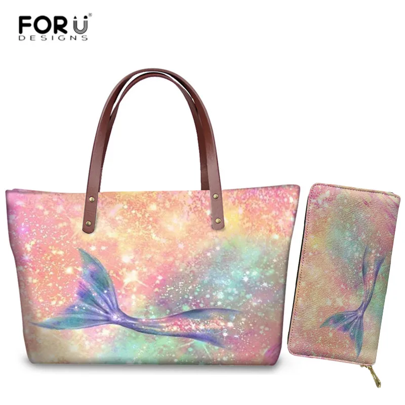 

FORUDESIGNS Rainbow Mermaid 3D Print Handbags Set Large Luxury Shoulder Bag for Women Casual Messenger Bags 2pcs Purses Wallets