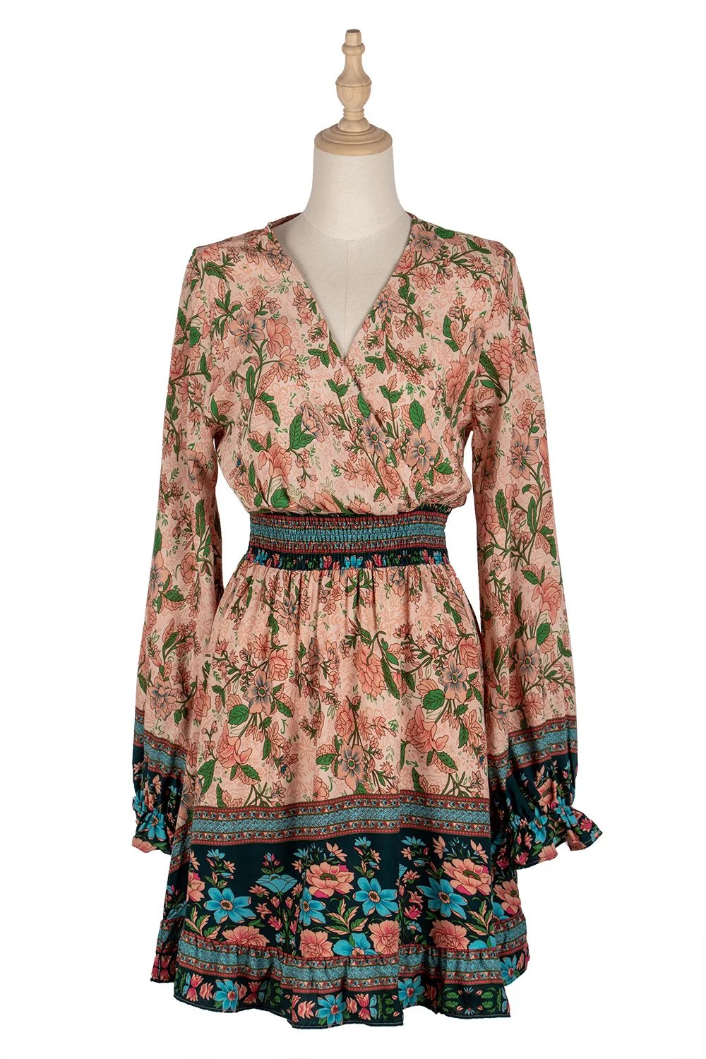 

2021 Spring Women's High Waist Ruffled A-line Mini Dress for Womens Casual Bohemian Print Short Long Sleeve Vintage Dress Female