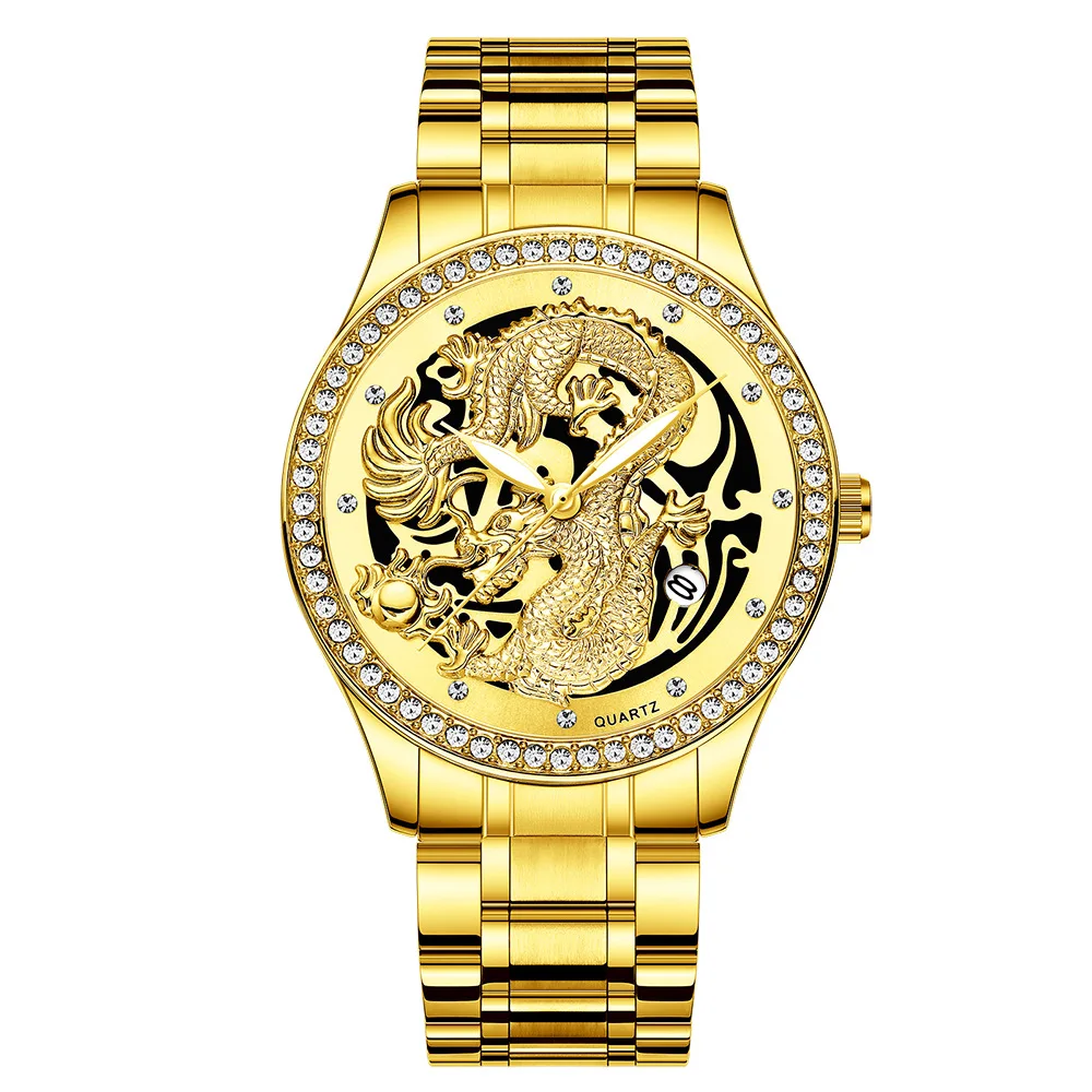 FNGEEN Mens Watches Top Brand Luxury Chinese Dragon Golden Quartz Watch Diamond Dial Stainless Steel Clock Male Relogio Masculin images - 6