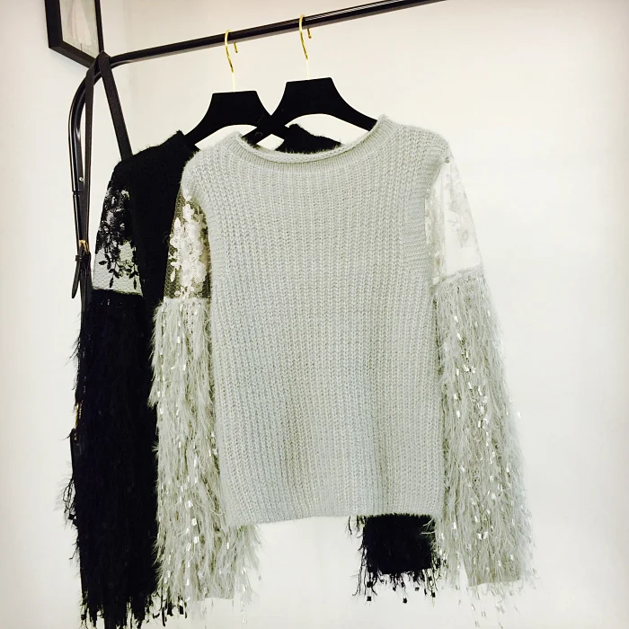 Spring and Autumn New Sweet Super Fairy Top Round Neck Pullover Long Sleeve Knitted Fringe Lace Panel Mohair Sweater | Женская одежда