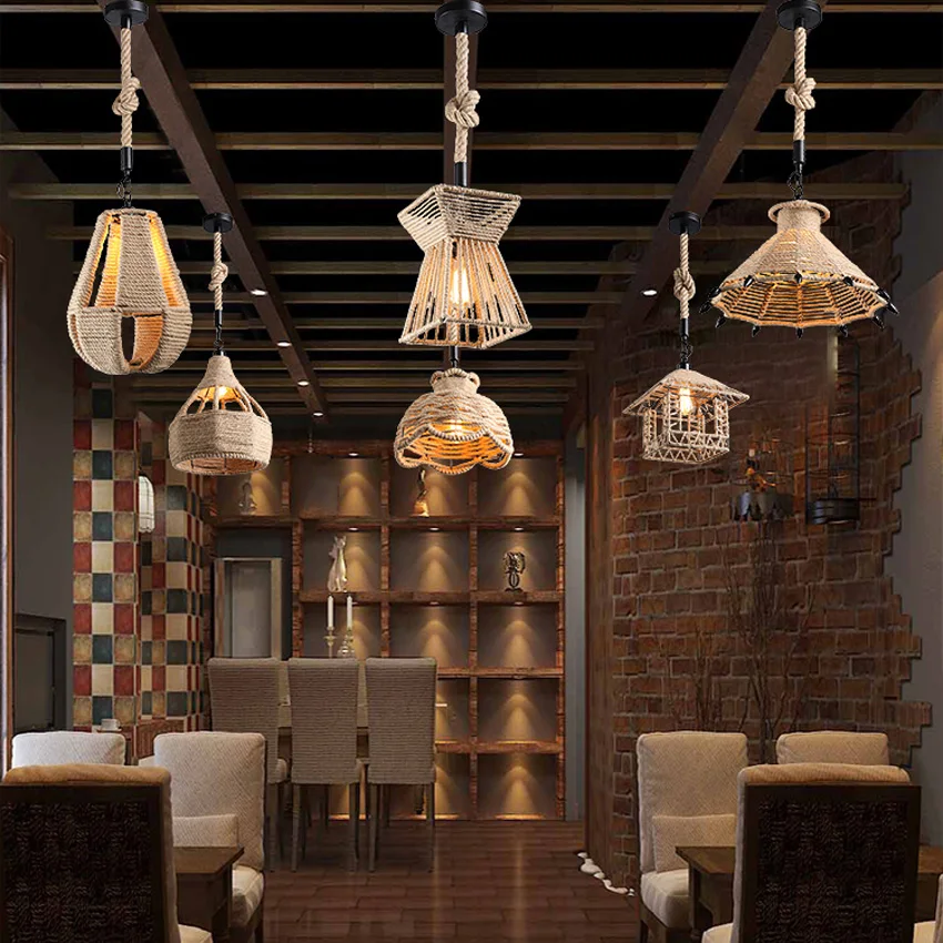 

Retro iron hemp rope pendant lights Bar cafe dinning room Warehouse bird cage Hand Knitted Hemp rope hanging lamp industria