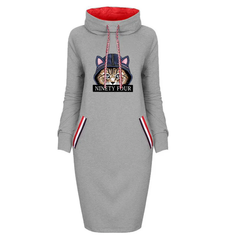 

2021 Vintage Women Bodycon Dress Fall Long Sleeve Cartoon Cat Print Pocket Slim Pencil Elegant Party Femme Robe Spring Robe