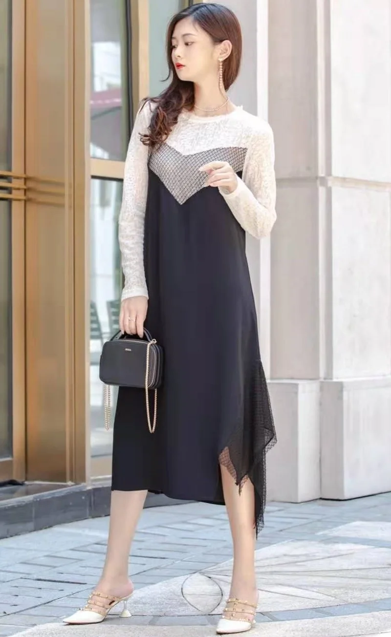 

New High Quality Runway Dress 2021 Spring Women O-Neck Black White Color Block Patchwork Long Sleeve Casual Party Club Dresses