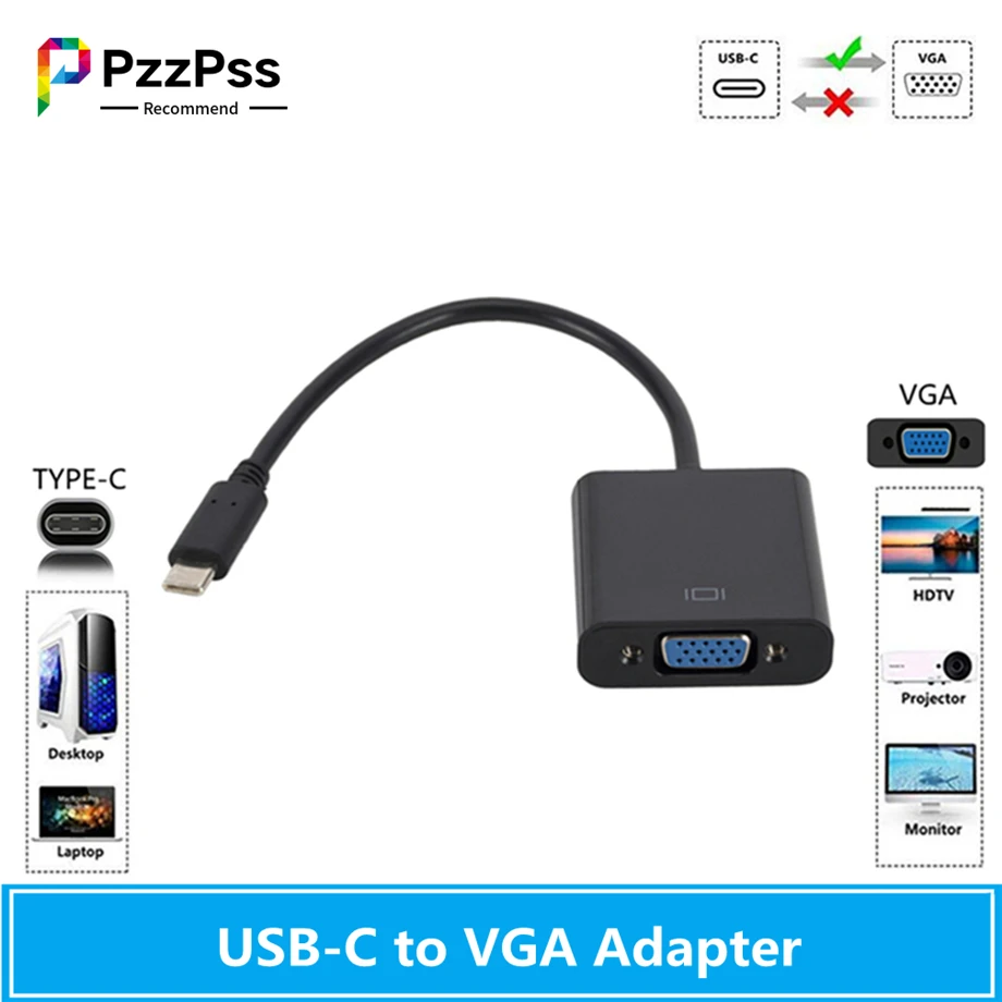 Переходник PzzPss с USB Type C на гнездо VGA переходник 3 1 для ноутбука ПК компьютера