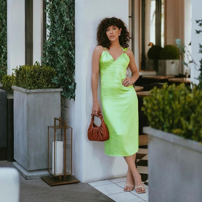 

Cryptographic Green Breasted Button Up Halter Sexy Midi Dress Summer Holiday Sleeveless Straps Elegant Split Dress Club Party