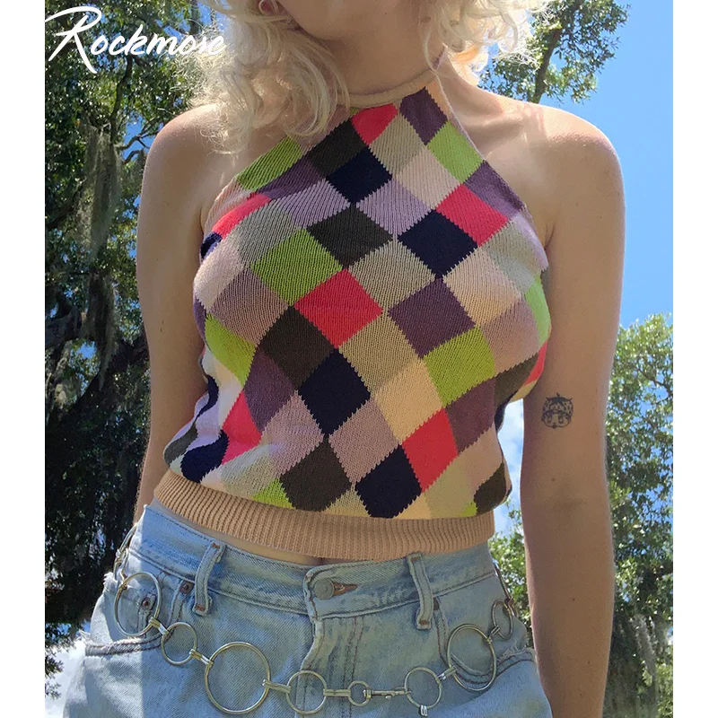 

Rockmore Y2K Colorful Plaid Halter Top Knitted Crop Top Women Tie Up Tank Top 90s Vintage Backless Camis Fashion 2021 Summer Hot