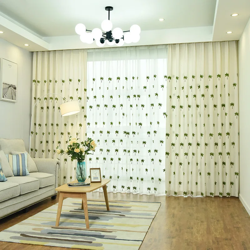 

Fashionable Modern Style Garden Curtains Coconut Tree Pattern Embroidered Semi-shading Curtains for Living Room and Bedroom