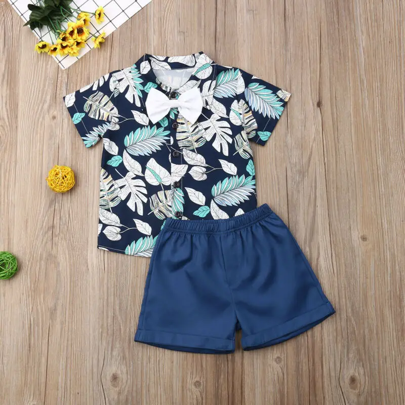 Fashion Toddler Baby Kid Boy 2PCS Outifit Set Banana Leaf Print Short T-shirt+Short Solid Pants Gentelman Clothes | Детская одежда и