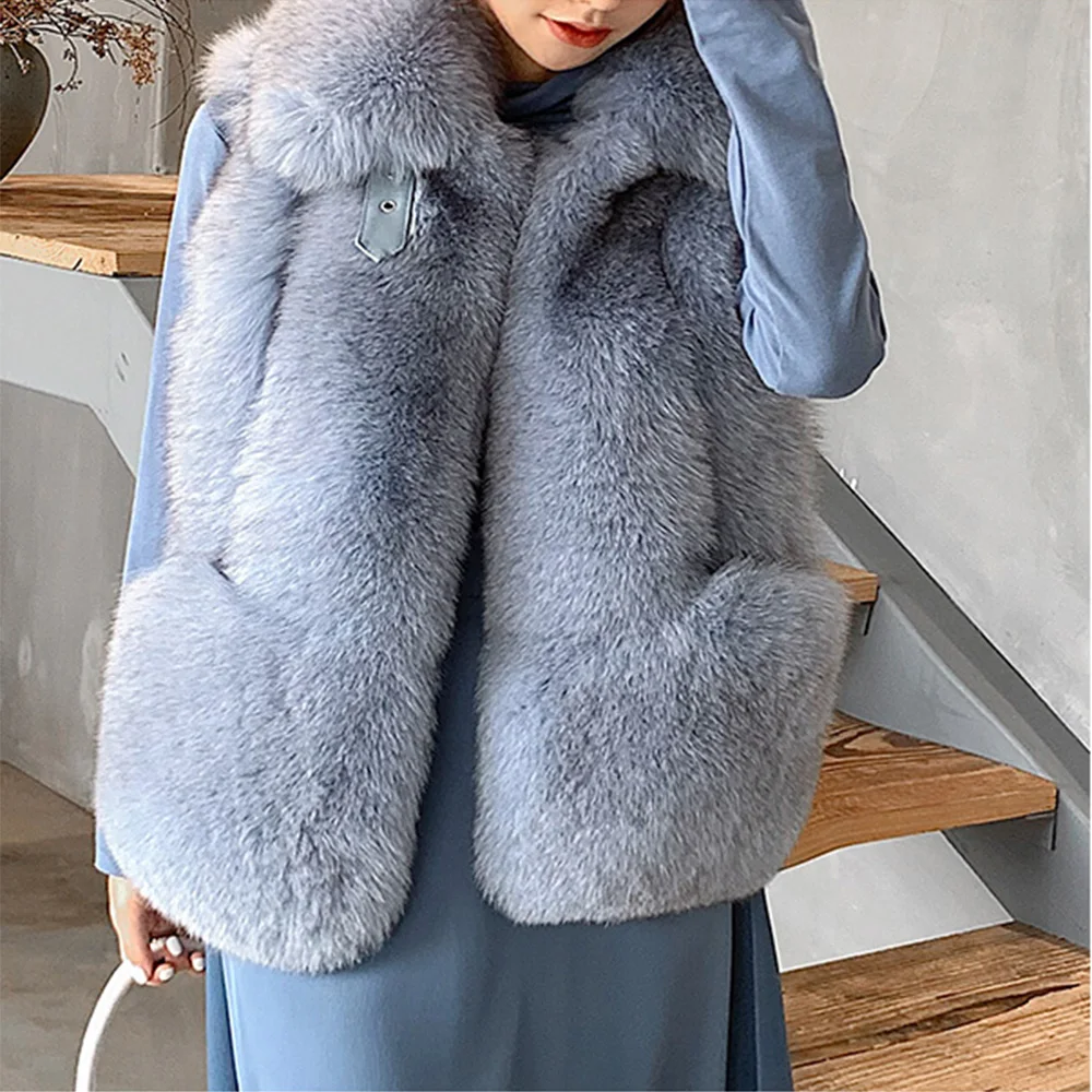 TOPFUR Natural Real Fox Fur Vest Women Turn Down Collar Winter Coat Luxury Striped Fur Coats With Pockets Warm Female Jacket