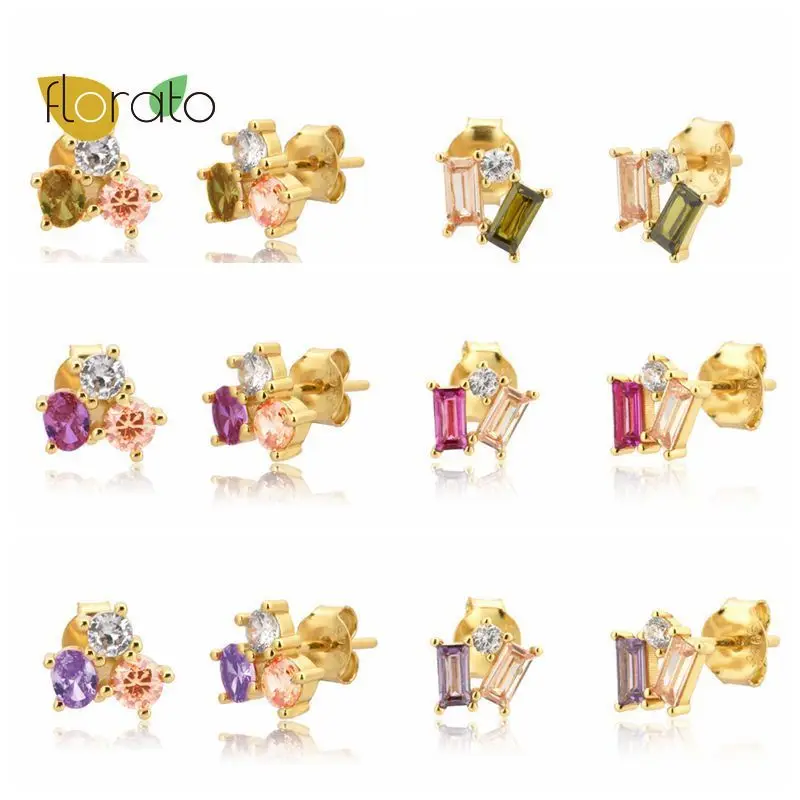 

925 Sterling Silver Ear Needle Geometry Tiny Stud Earrings Minimalist Cute Purple/Rose red Zircon Earrings Light Luxury Jewelry