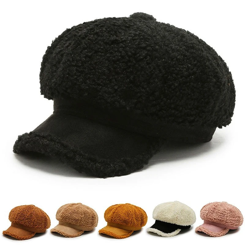 

Lamb Wool Berets Caps For Women Ladies Octagonal Beret Hat Retro Autumn Winter Cap Outdoor Female Visor Soft Painter Berets