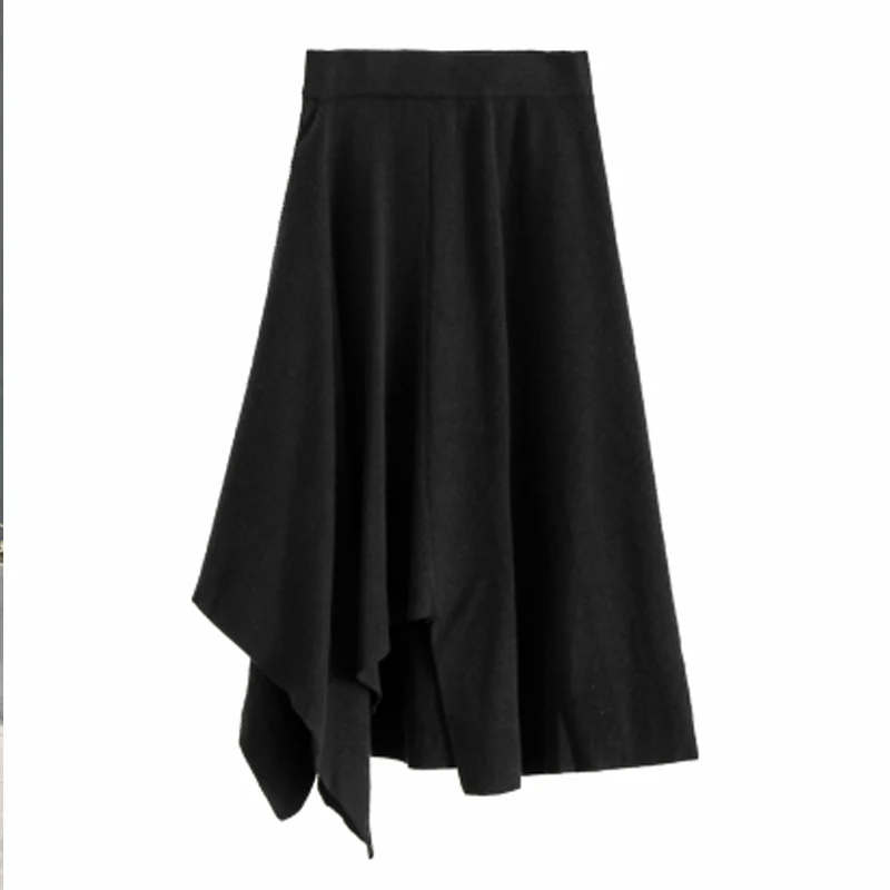 

Autumn Winter Irregular Pleated Skirts Womens Korean High Elastic Waist Long Knitted Skirts Black Skirts Jupe Femme 2020