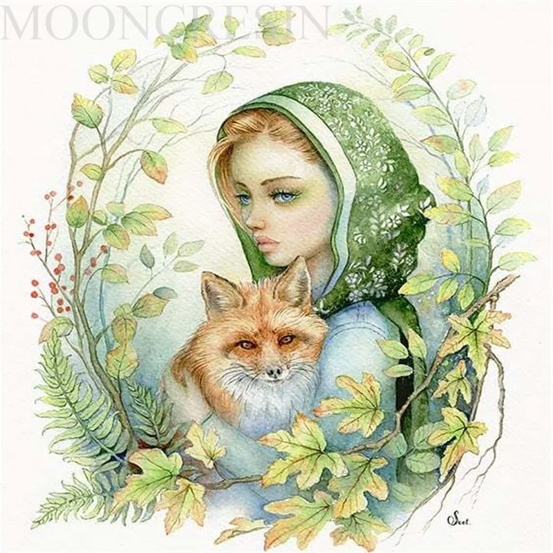 

5D Diy Diamond Painting Cross Stitch Woman Wearing Turban & Fox 3D Diamond Embroidery Full Round Mosaic Decoration Resin Sticker