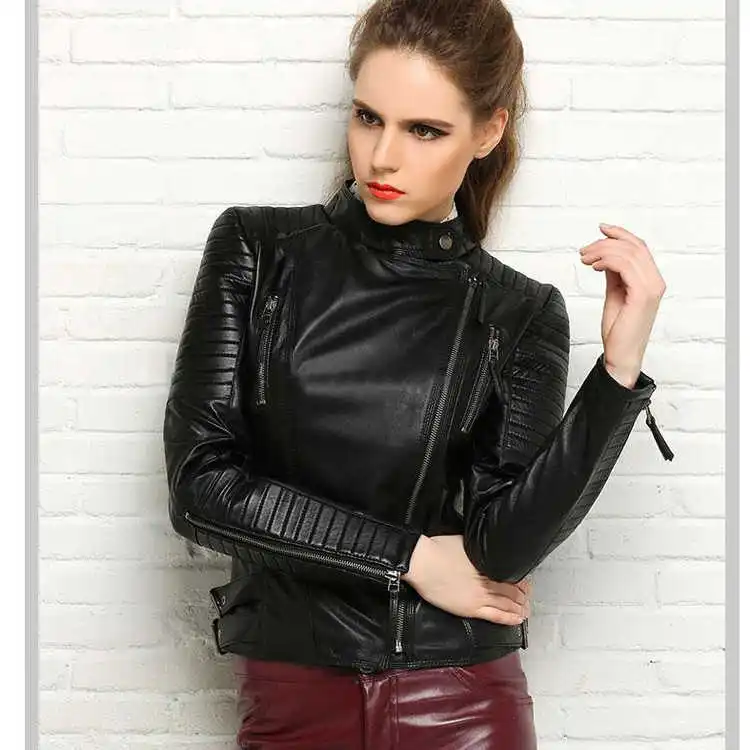 

2021 autumn Spring women's genuine leather biker jackets Chic slim fit stand collar sheepskin leather jackets short coats D925