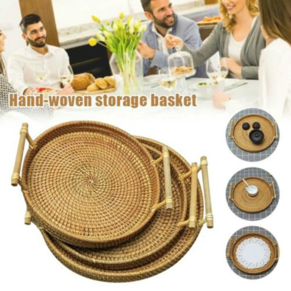 

Round Hand-woven Fruit Storage Basket Rattan Bread Serving Handcrafted Tray Platter With Wooden Handle Classic