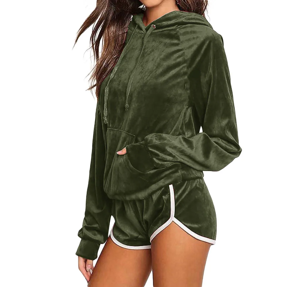 Женский Бархатный спортивный костюм толстовка с капюшоном и короткие штаны