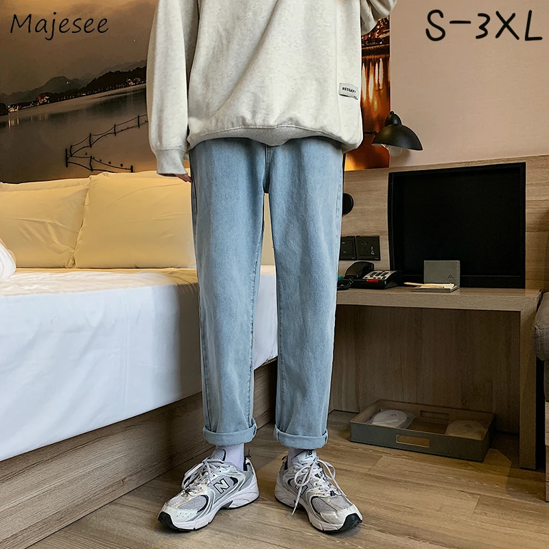 

Denim Jeans Men Plus Size 3XL Button Fly Ankle-length Baggy Autumn Winter Outwear Trousers Male All-match Soft Harajuku Simple