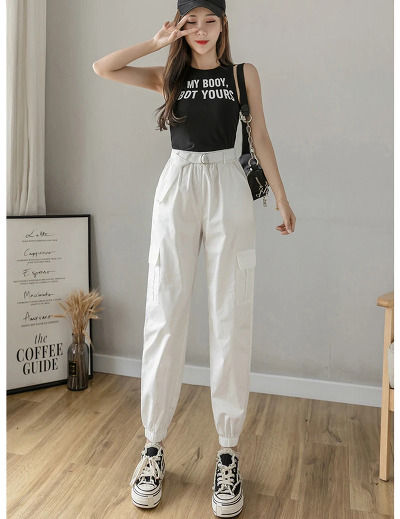 

High Waist Women's Looses Cargo Pants With belt nine-point harem pants Colorfur high waist pants sashes pockets office pants